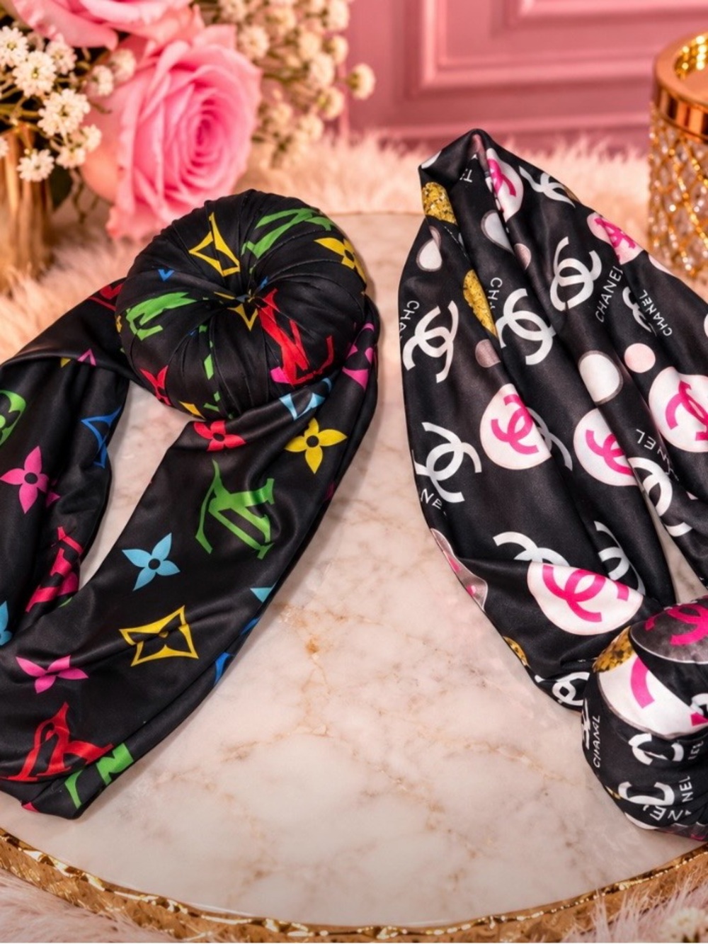 Black Satin Headbands with Multicolor Accents